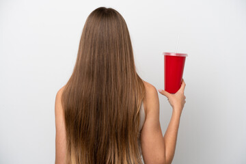 Young Lithuanian woman holding refreshment isolated on white background in back position