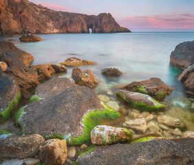 Wall Mural - Mist on water and seaweed on stones.