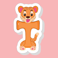 Poster - Sticker Style T Alphabet Animal Cartoon Tiger On Pink Background.