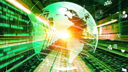 Futuristic global social media, people network and tacit digital data sharing . Concept of smart digital transformation and technology disruption that changes global trends in new information era .