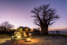 Africa - Camping In The Wilderness With Fire And Sundowner In Front Of A Baobab Tree, Nxai Pan, Botswana