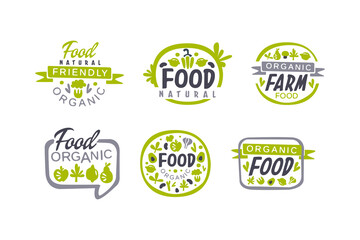 Wall Mural - Natural, organic food logo design set. Fresh products packaging, farm market, eco store labels, badges hand drawn vector illustration