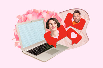 Composite collage picture image of cute couple girlfriend boyfriend laptop distance relationships couple lovers messages dating website