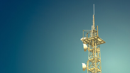 Banner with telecommunication tower with many transmitters and receivers for various radio frequencies and data transmission, including 5G and satellite at blue gradient sky.