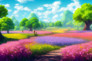 Beautiful fantasy landscape field full of spring with flowers field, beautiful sky, anime style color, digital art painting background. 3D rendering