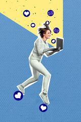 Sticker - Creative poster collage of active energetic funny funky lady smm content manager marketer working laptop social media strategy icons