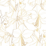 Abstract line golden elegant seamless pattern with hand-drawn  amaryllis flowers. Pattern for creating packaging, wallpaper, fabric.