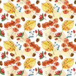© guliy_art - Seamless pattern of watercolor autumn leaves on a white background. The leaves of birch, chestnut, rosehip berries, acorns on a light background. Suitable for printing paper invitations
