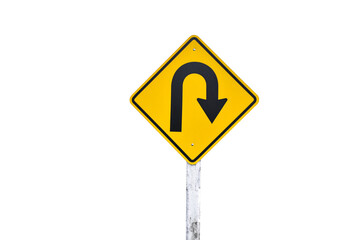 Isolated traffic sign: Right U-turn sign on cement pole with clipping paths.