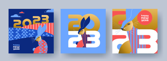 Wall Mural - Chinese New Year 2023 modern art design Set in trendy geometric style for branding, cover, card, poster, web banner. Chinese symbol of Year of the Rabbit. Greeting templates in blue, red, gold colors