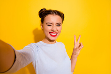 Sticker - Photo of funky adorable lady wear long sleeve recording self video winking showing v-sign isolated yellow color background