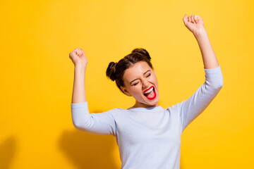 Wall Mural - photo of positive cheerful delighted lady raise fists up celebrate lucky triumph isolated shine colo