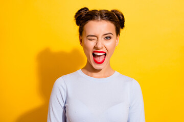 Poster - Photo of lovely funky girl dressed white shirt tacking selfie winking open mouth isolated yellow color background