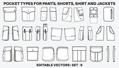 Patch pocket flat sketch vector illustration set, different types of Clothing Pockets for jeans pocket, denim, sleeve arm, cargo pants, dresses, bag, garments, Clothing and Accessories