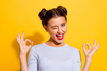 Wall Mural - Photo of pretty attractive female flirty winking her eye showing okay symbol isolated on yellow color background