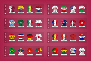 Aufkleber - Qatar soccer cup tournament 2022 . 32 teams group stages with jersey and waving country flag pattern . Vector .
