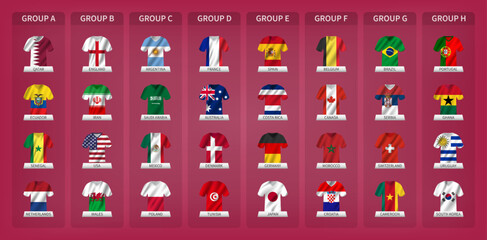 Aufkleber - Qatar soccer cup tournament 2022 . 32 teams group stages with jersey and waving country flag pattern . Vector .