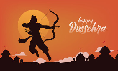 Wall Mural - Happy Dussehra text with an illustration of Lord Rama and temple background for Indian festival Dussehra banner, template, card design