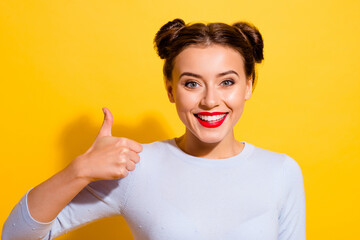 Wall Mural - portrait of positive lady promoter make thumb up symbol great offer promo sale isolated shine color 