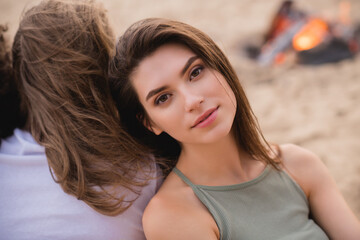 Poster - Photo of cute young lady sit wear casual cloth ouside on the beach holiday