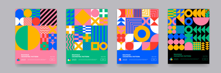 Poster - Abstract geometric pattern background, vector circle, triangle and square lines art design. Colored pattern background, posters set