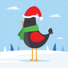 Christmas Robin. Robin Bird With Santa Hat And Scarf Singing On A Winter Day. Flat Design Vector Illustration. 