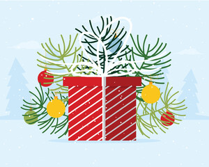 Wall Mural - Happy Holidays. Gift box decorated with pine tree branches and colorful baubles. Vector illustration flat design style.