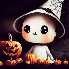Wall Mural - Illustration of adorable witch and carved pumpkins, digital art
