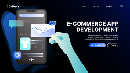 Ecommerce App Development. Landing Page Template. Vector illustration