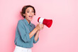 Profile photo of crazy positive girl hands hold loudspeaker say tell isolated on pink color background