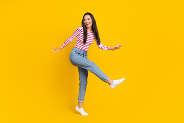 Sticker - Full length photo of pretty lady rejoice purchase new footwear big big black friday sale look empty isolated on yellow color background