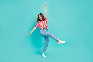 Wall Mural - Full length photo of positive nice lady eyes closed enjoy moment rejoice vacation striped stylish outfit isolated on cyan color background