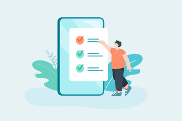 Wall Mural - tiny worker showing checklist on huge phone screen. man with list of tasks or requirements flat vect