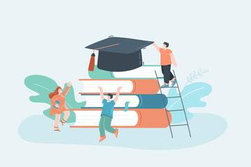 Wall Mural - happy tiny students with huge books and graduation hat. cheerful university people, man on ladder fl