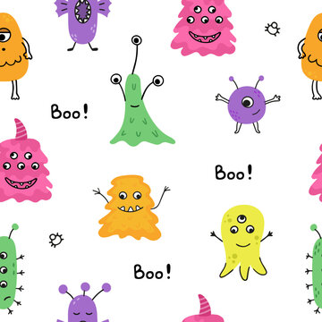 Color vector seamless pattern with funny monsters