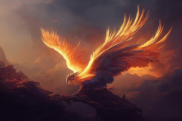 Wall Mural - Phoenix bird risen from the ashes, fire bird. Burning bird. 3D illustration.