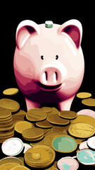 Pink piggy bank with falling coins. The concept of saving money or opening a bank deposit. Investing in the future. Isolated vector illustration of a piggy bank in a flat style.