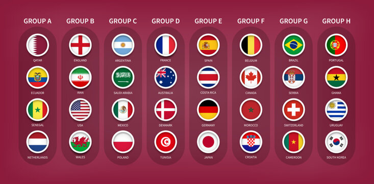 Fototapete - Qatar soccer cup tournament 2022 . 32 teams Final draw groups with country flag . Vector .