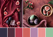 Color matching palette from images or vibrant magenta, purple fig fruits on raspberry red silk textile and orange brown terracotta colored background. Natural muted Autumntime colors.