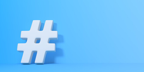 White hashtag symbol on a blue background. Minimal creative concept. Front view. 3d rendering illustration