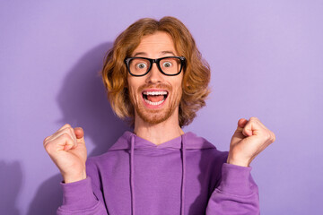 Sticker - Photo of hooray curly red hairstyle guy yell wear spectacles purple sweatshirt isolated on pastel violet color background