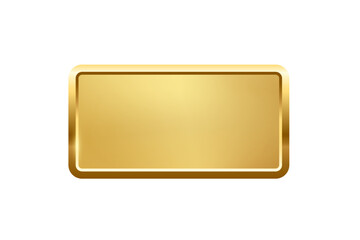 Gold rectangle button with frame vector illustration. 3d golden glossy elegant design for empty emblem, medal or badge, shiny and gradient light effect on plate isolated on white background