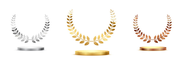 Wall Mural - golden, silver and bronze award signs with laurel wreath isolated on white background. vector award 