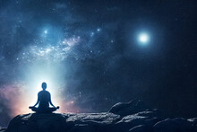3d Illustration Of Woman In Lotus Position Meditating And Breathing In Sky With Stars