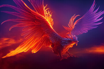 Wall Mural - 3d illustration of Phoenix fantastic in flight flapping wings blazing with fire