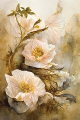 Wall Mural - painting of pink sepia flowers in pastel colors. digital art, printable floral wall art, ai illustra