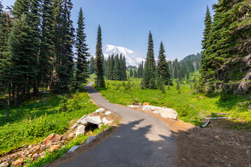 Poster - Summer landscape in mountains. Narrow trail high in the mountains. Amazing view at the snowy peaks which rose against the blue sky. MOUNT FREMONT LOOKOUT TRAIL, Sunrise Area, Mount Rainier