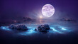 canvas print picture - Fantasy full moon background with ocean. Wave of blue sea at night. 3D rendering image.	