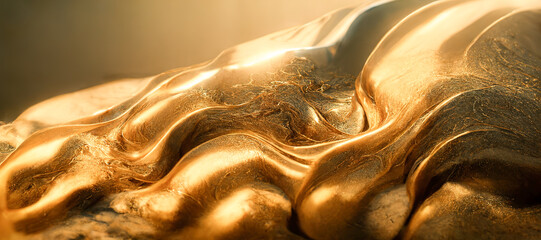 Spectacular abstract glistening golden solid liquid waves like liquid gold or solid yellow water. Digital 3D illustration.