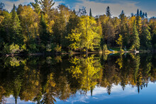 Fall Colors In Trees Reflected On The Still Waters Of The Madawaska River At Latchford Bridge
